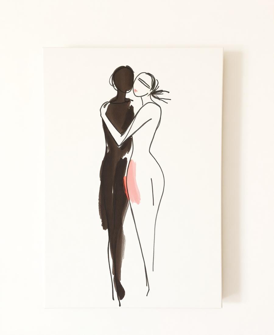 Two Figures, Embrace — Ink & oil on canvas