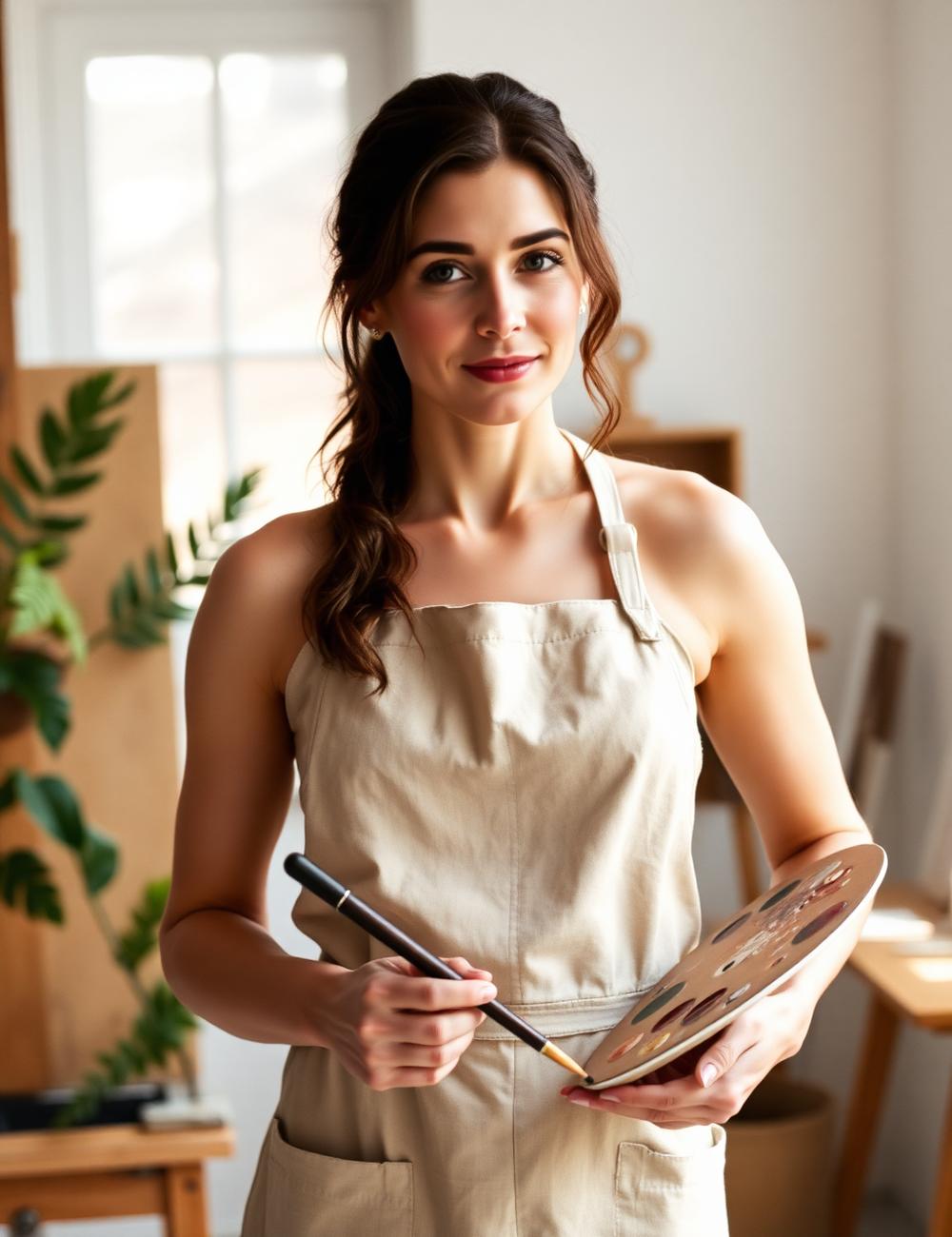 Felicia, live wedding painter, in her studio holding a brush and palette